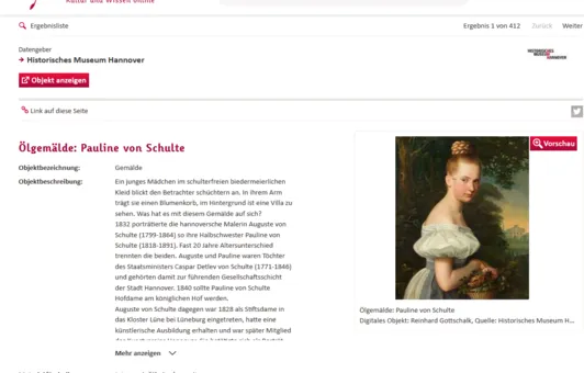 screenshot einer Museumsseite, Ölgemälde Pauline von Schulte